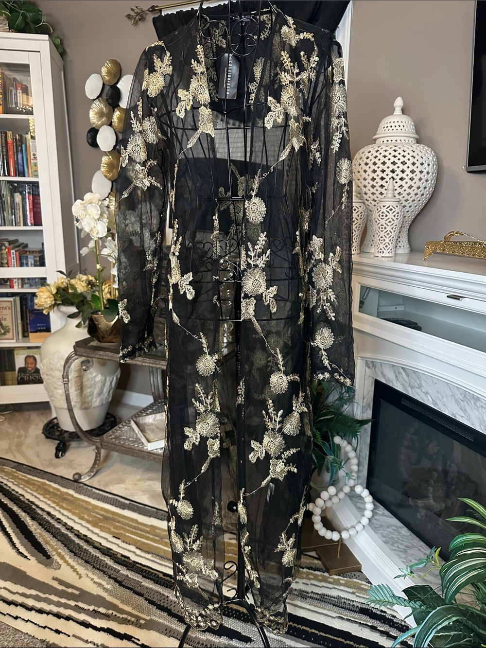 Fashion Nova Black Sheer Embroidered Duster with Gold Floral Detail